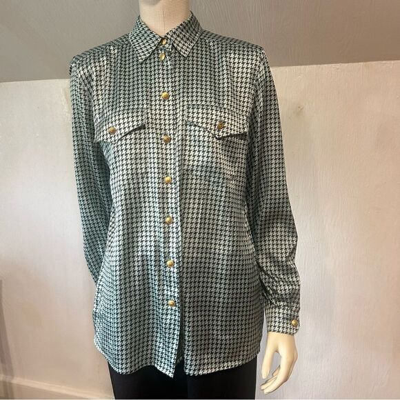 Basler Vintage Light Blue Houndstooth Satin Pajama Style Blouse Button Down Top - Picture 8 of 11